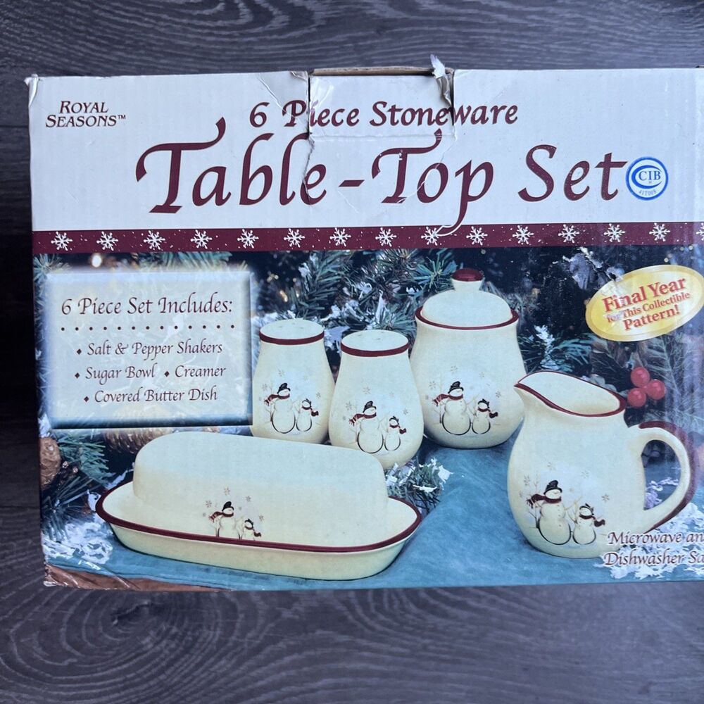 Royal Seasons 6 Piece Stoneware  Table Top Set Christmas Holiday Snowmen